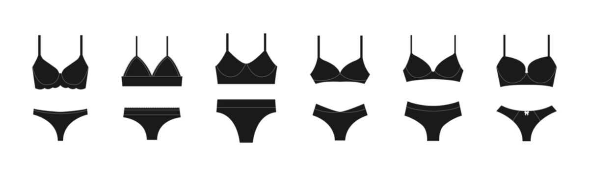 Black women lingerie set with bra and panties silhouette collection minimal underwear icons for fashion design retail catalog and apparel branding