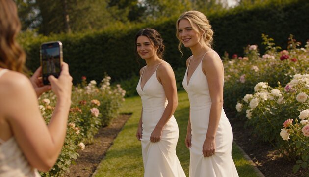 Posing brides in fitted white wedding gowns on grassy path by rose beds, smartphone left foreground
