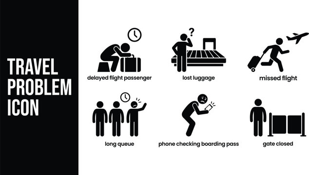 Travel problems flat icons depicting delayed flights lost luggage missed connections and airport frustrations on a white background