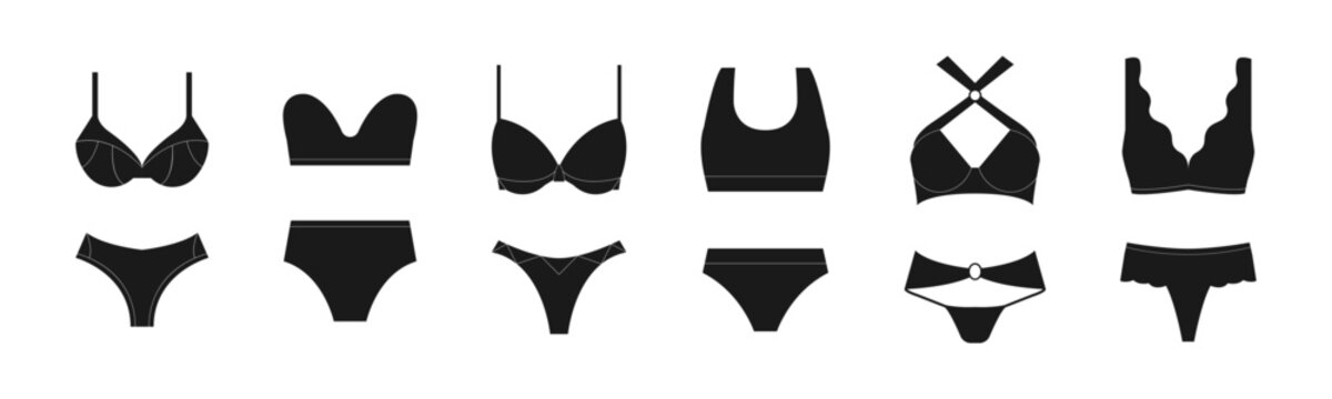 Minimal black lingerie silhouettes set with assorted bra and panties styles clean underwear icon collection for fashion design retail catalog and ecommerce branding