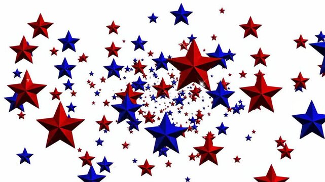Numerous red and blue metallic stars scattered on white background