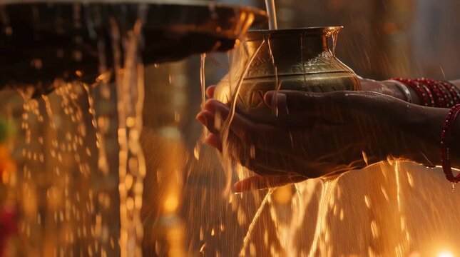 Hands of a devotee performing Jalabhishek ritual with water and brass pot in a temple during a Hindu religious ceremony.