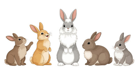 Fototapeta premium Cute bunny vector set, five cartoon rabbits in various poses, brown and grey fluffy bunny characters for Easter and spring designs, isolated animal illustrations