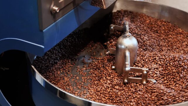Industrial Coffee Roastery Process Mechanical Agitator Stirring Roasted Beans in Rotating Tray
