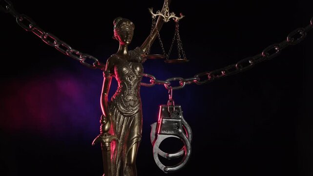 Statue of Lady Justice and handcuffs on chain with flashing light from police flasher on black background