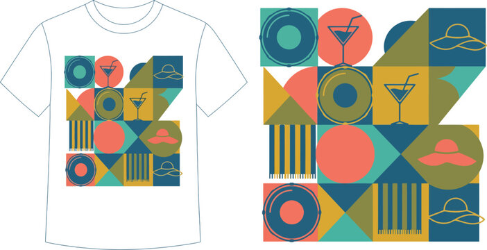 Vibrant geometric abstract pattern with summer pool party icons like cocktails sun hats and float rings presented on a white t shirt mockup and standalone design evoking leisure vacation