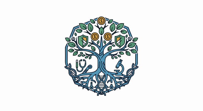Stylized tree with DNA, stethoscope, microscope, shields, and coins