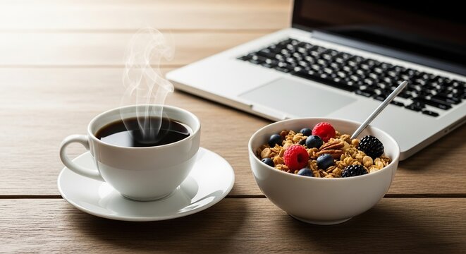 A bright morning scene on a rustic wooden desk with a white ceramic cup of hot coffee, a bowl of granola, and a sleek open laptop device, food, sunshine, wooden