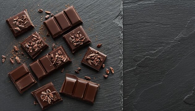 Broken dark chocolate bars and squares topped with roasted cacao nibs and cocoa powder, arranged on a textured black stone slate background with empty copy space.