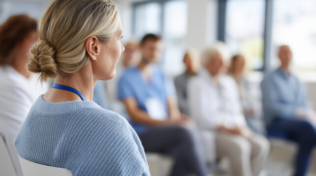 Rear view of a workshop at a medical institution with diverse participants seated, healthcare education concept, professional development therapy workshop, medical mental health training,