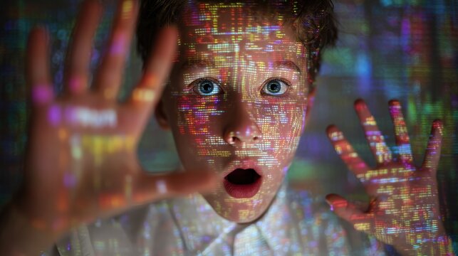 A child marvels at a digital projection, their face and hands illuminated by intricate data patterns. ..Created with Generative AI, not depicting real subjects.
