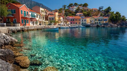 Fototapeta premium Assos village in Kefalonia, Greece lies by the sea.