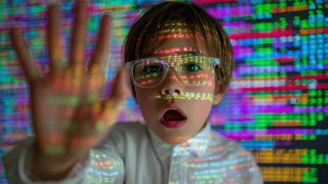 A young child with glasses is immersed in the world of computer coding, projecting the colorful code onto his hand. ..Created with Generative AI, not depicting real subjects.