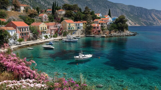 Assos village in Kefalonia, Greece lies by the sea.