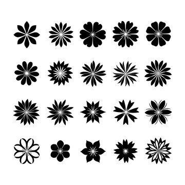 Flowers doodle icon set with vintage radial rosette designs, crisp black silhouettes for stickers, patterns and decorations