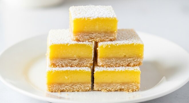 A ceramic plate holds a stack of square lemon bars dusted with fine powdered sugar, showcasing a bright yellow custard and a buttery crust, gourmet, kitchen, platter