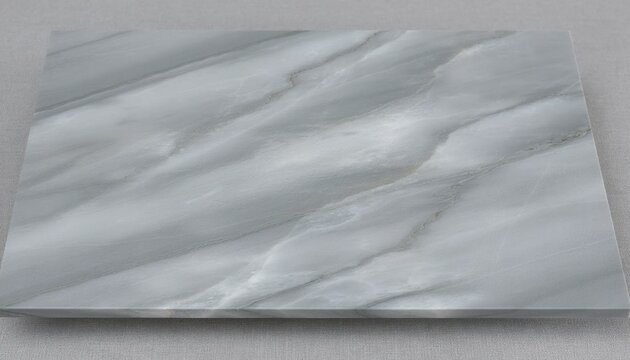 Top view of a rectangular light gray marble tile with blue undertones and natural mineral veins, positioned on a gray woven fabric background with soft shadows and studio lighting.