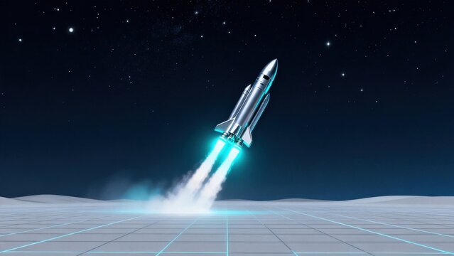 Space rocket launch in futuristic landscape
