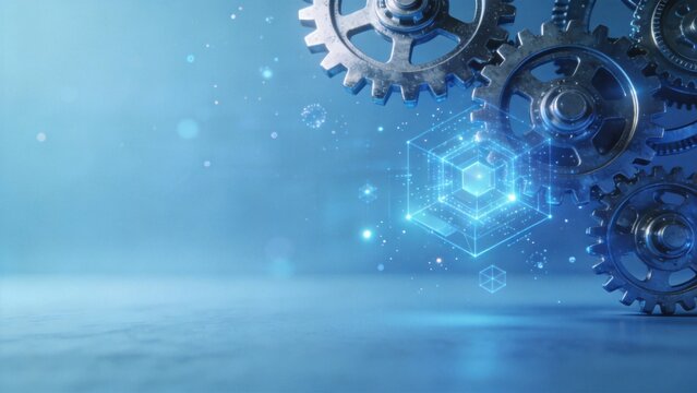 Gears and glowing cube in blue