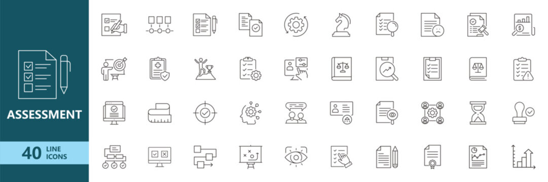 Minimal Assessment Line Icons Set Business Evaluation Checklist Audit Strategy Outline Collection