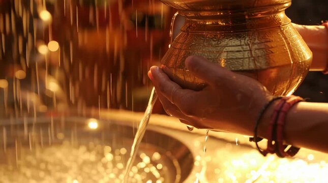 Devotee hands pouring water from a traditional brass pot for Jalabhishek ritual during a Hindu prayer ceremony in a temple.