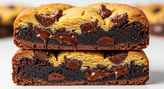 A close-up shot of a thick sliced brookie showing rich fudgy chocolate brownie and golden cookie layers with melted dark chocolate chips, bite, piece, snack