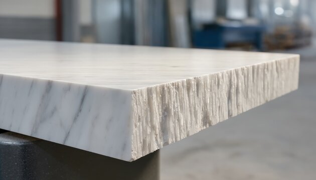 Close up of a thick white marble slab with a polished top surface and a textured raw chiseled edge in a stone processing factory or masonry workshop interior.