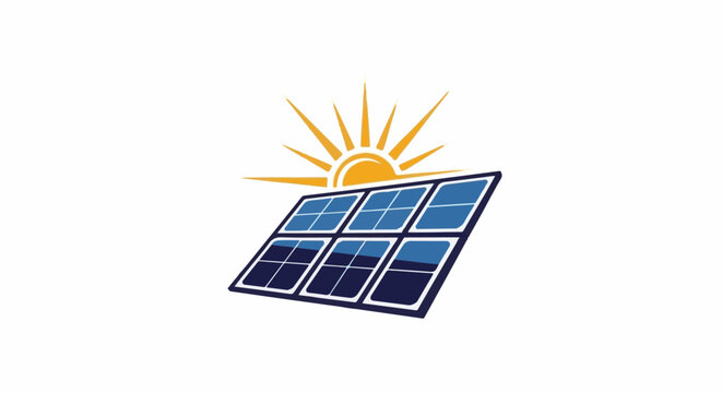 Stylized sun rays above a slanted solar panel with blue cells