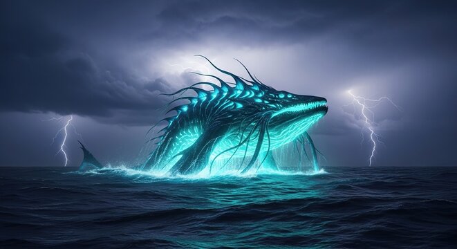A colossal bioluminescent sea creature rises from the dark churning ocean waves beneath a stormy sky filled with crackling lightning, monstrous, foam, dangerous