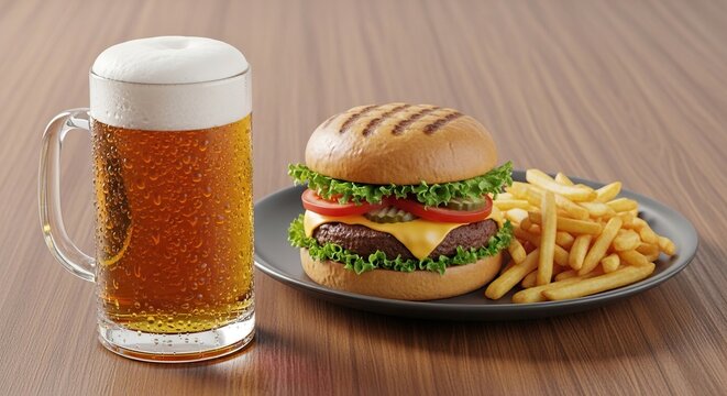 A cold glass of golden lager with white foam sits on a wooden table beside a ceramic plate featuring a delicious hamburger and crispy fries, plate, delicious, food