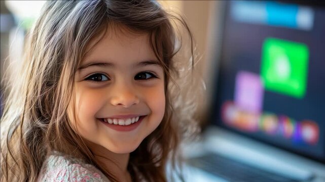 A happy child looking up at a monitor filled with vibrant tablet.