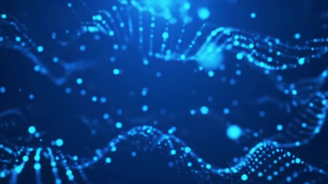 Luminous electric blue particles drift and pulse in a deep royal blue abyss with delicate bokeh, an extremely slow push-in zoom enhances depth, symbolizing data transformation and technological
