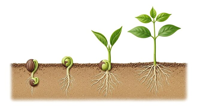 A detailed cross-section illustration showing stages of plant growth from a buried seed to a leafy sprout with a healthy root system, cycle, environment, organic