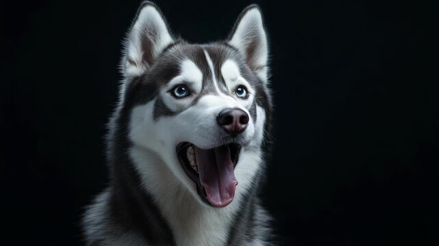 A close-up of a husky with its mouth open, showcasing its sharp teeth and intense gaze.