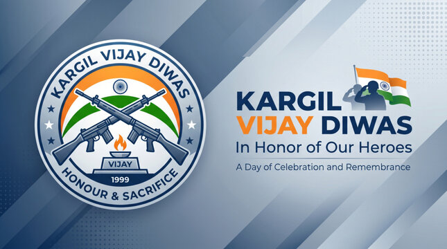 Kargil vijay diwas vector illustration with military emblem and crossed rifles on geometric grey background for Indian army honor banner
