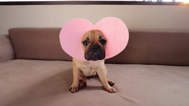 Adorable young French Bulldog sits still on sofa, wearing pink heart-shaped cutout mask that frames her face. Her cute expression and amusing dewy eyes create a charming and whimsical portrait.