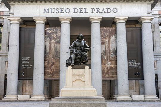 Madrid, Spain; April 28, 2026: Statue of the Spanish Baroque painter Diego Velazquez in a public art monument in front of the main entrance of the Prado Museum in Madrid