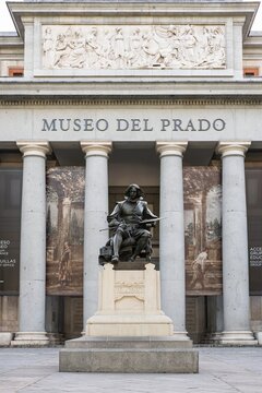 Madrid, Spain; April 28, 2026: Statue of the Spanish Baroque painter Diego Velazquez in a public art monument in front of the main entrance of the Prado Museum in Madrid