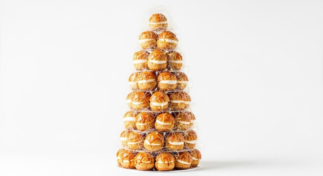 A golden croquembouche tower adorned with delicate spun sugar and festive lights, presented on a clean white background for a holiday treat, yellow, sweet, pastry