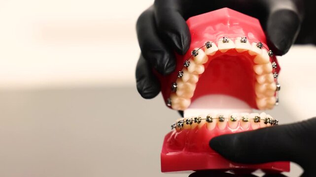 Orthodontist holding jaw model with braces for dental consultation