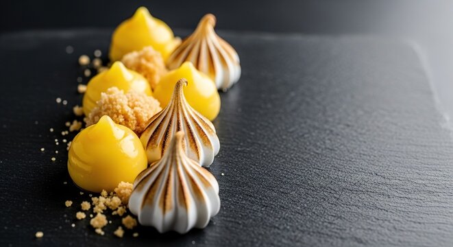 A gourmet deconstructed lemon tart presented on a slate plate featuring dollops of citrus curd, toasted meringue peaks, and shortbread crumbs, delicious, confection, food photography