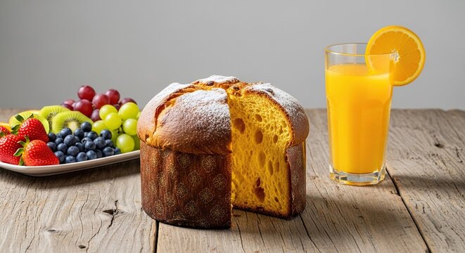 A golden sourdough panetone sits on a rustic wooden table next to a glass of fresh orange juice and a colorful platter of seasonal fruits, orange juice, refreshing, panetone