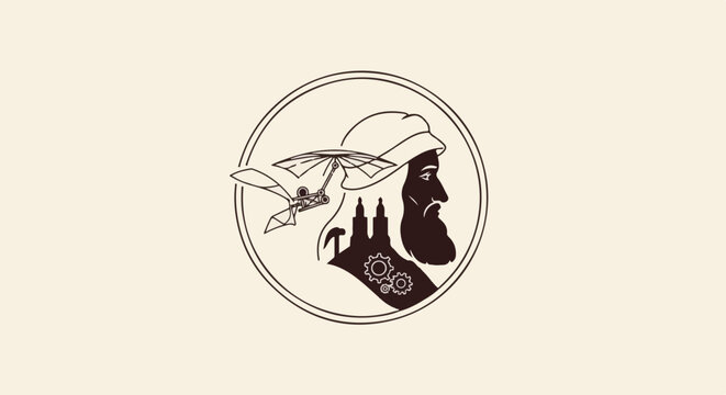 Stylized portrait with early flight machine and industrial silhouettes within circle