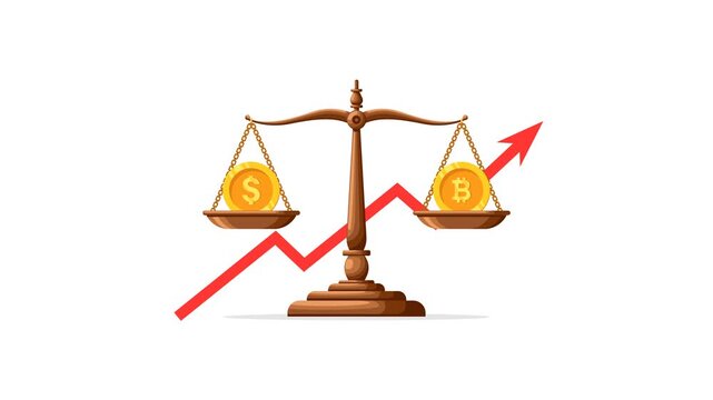 4K animation of a balance scale comparing dollar and Bitcoin coins, with an upward red arrow symbolizing financial growth and market trends.