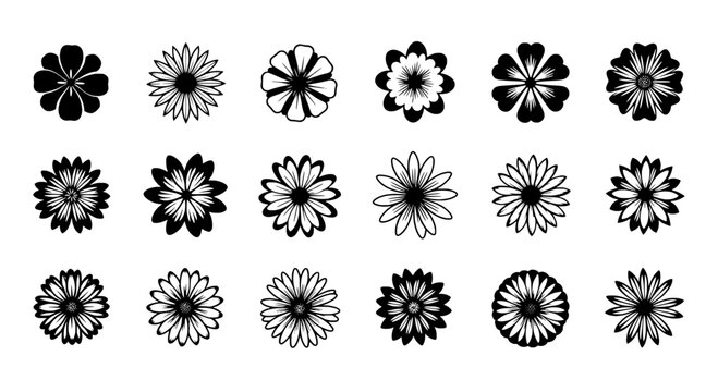 Flower doodle set with hand-drawn daisy and rosette icons, bold outline and monochrome pattern for stickers and backgrounds