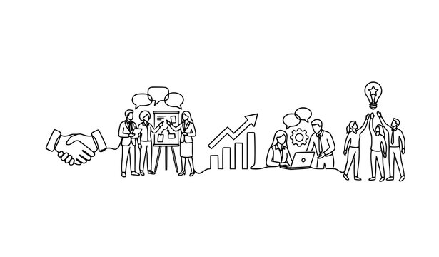 Continuous line vector teamwork icons for business management with editable stroke, pixel perfect 64x64