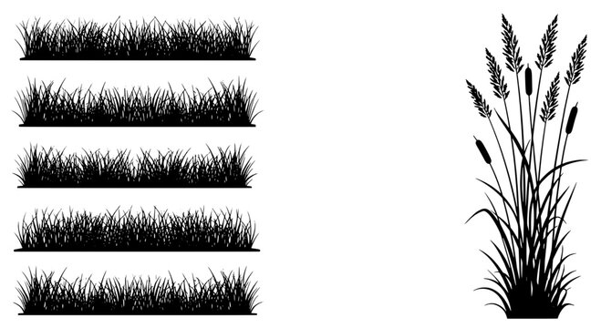 Grass tufts silhouette icon set with layered blades and tall wheat stalk bundle for garden and nature graphics