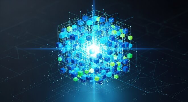 A luminous central core composed of geometric voxels pulses with radiant energy, symbolizing secure data flow through a complex cyber matrix, visualization, glow, electronic