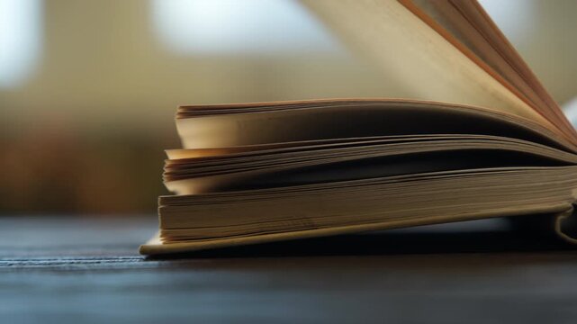 Open hardcover book on table close-up