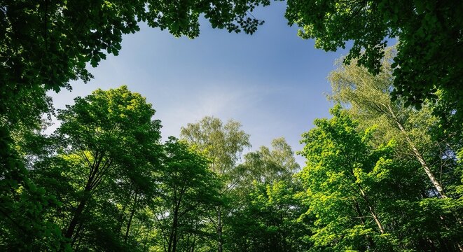 A low angle view of lush green treetops reaching toward a bright blue sky in a dense forest, creating a natural canopy of vibrant foliage, peaceful, wood, trees